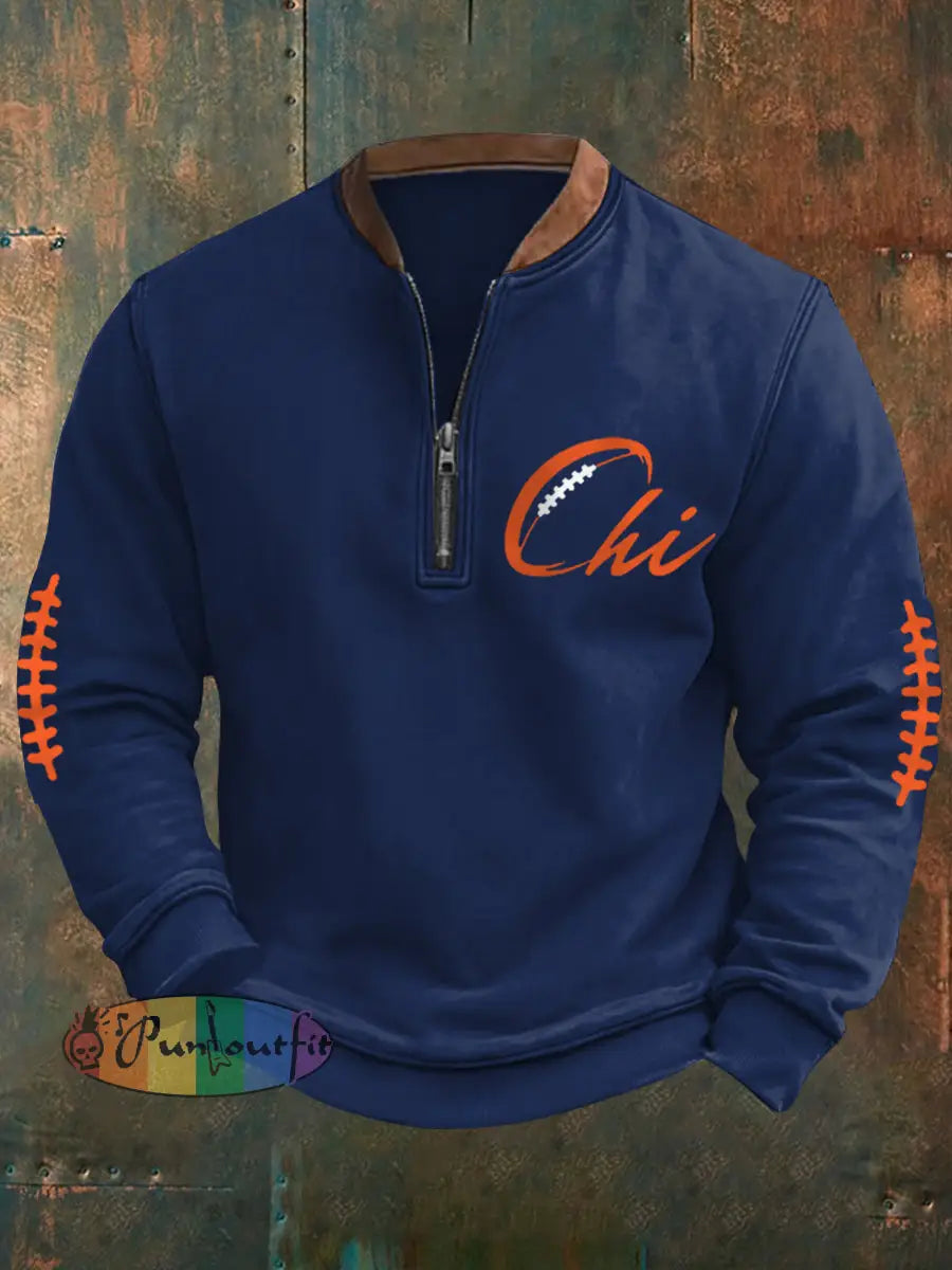 Men’s Football Fans Lovers Gameday Casual Zipper Sweatshirt Navy Blue / S