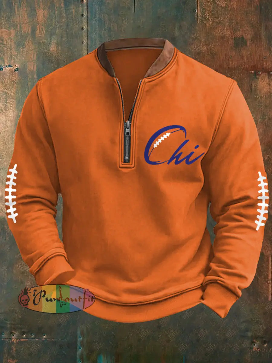 Men’s Football Fans Lovers Gameday Casual Zipper Sweatshirt Orange / S