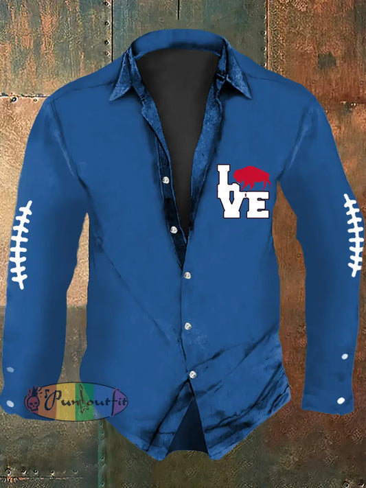 Men’s Football Lover Buffalo Print Casual Long Sleeve Shirt Blue / S