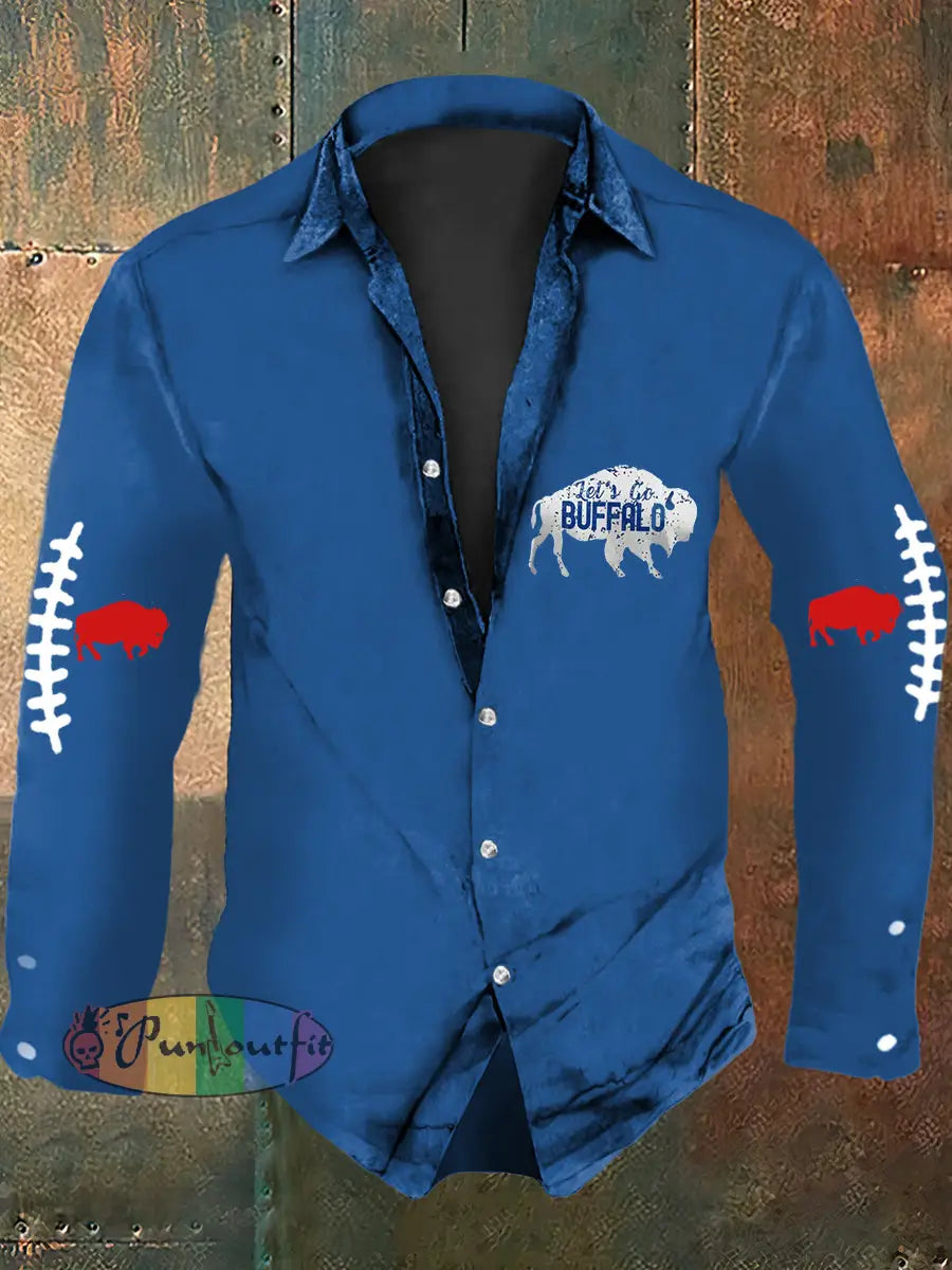 Men’s Football Lover Buffalo Print Casual Long Sleeve Shirt Blue / S