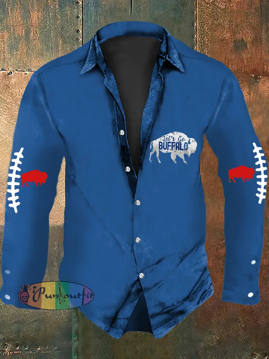 Men’s Football Lover Buffalo Print Casual Long Sleeve Shirt Blue / S