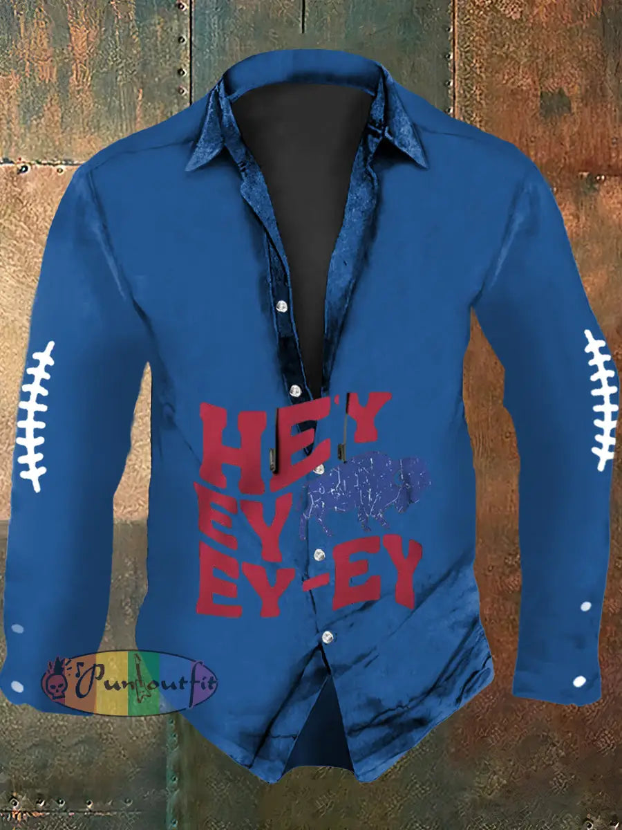 Men’s Football Lover Buffalo Print Casual Long Sleeve Shirt Blue / S
