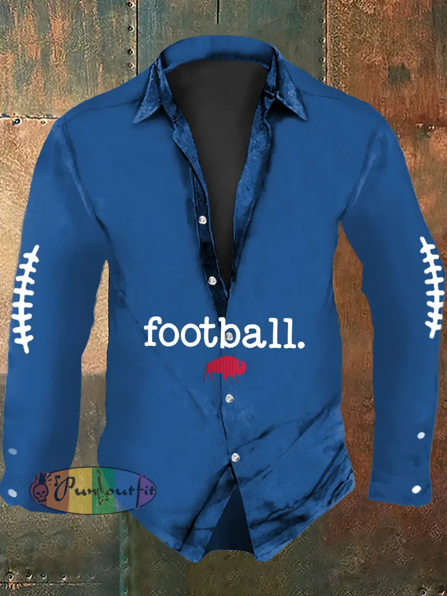 Men’s Football Lover Buffalo Print Casual Long Sleeve Shirt Blue / S