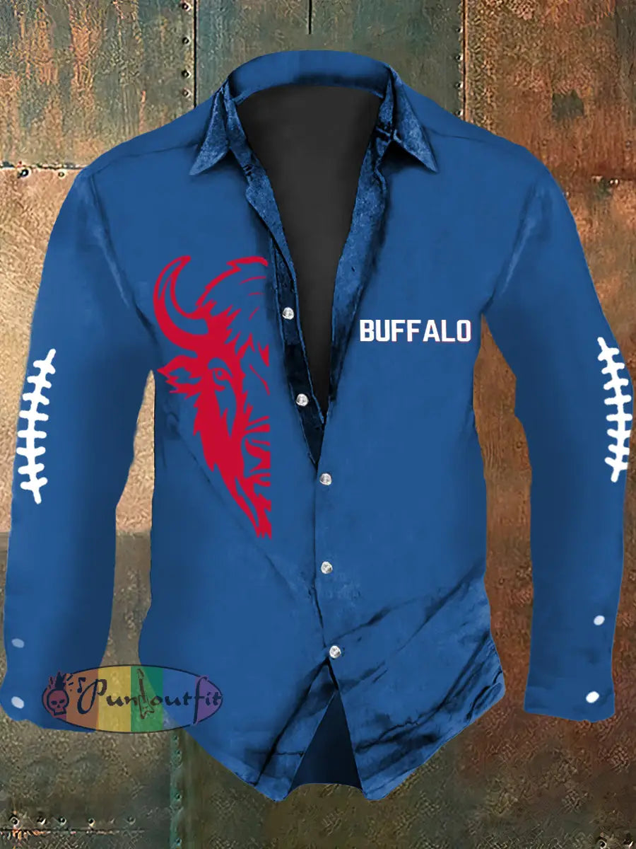 Men’s Football Lover Buffalo Print Casual Long Sleeve Shirt Blue / S