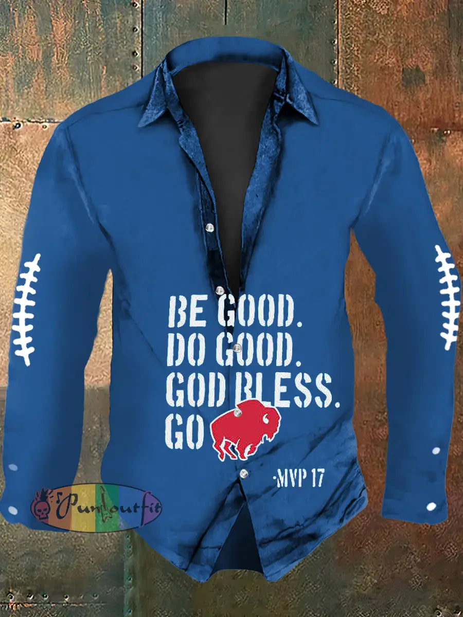 Men’s Football Lover Buffalo Print Casual Long Sleeve Shirt Blue / S