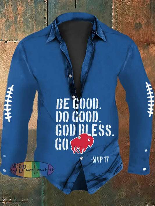 Men’s Football Lover Buffalo Print Casual Long Sleeve Shirt Blue / S