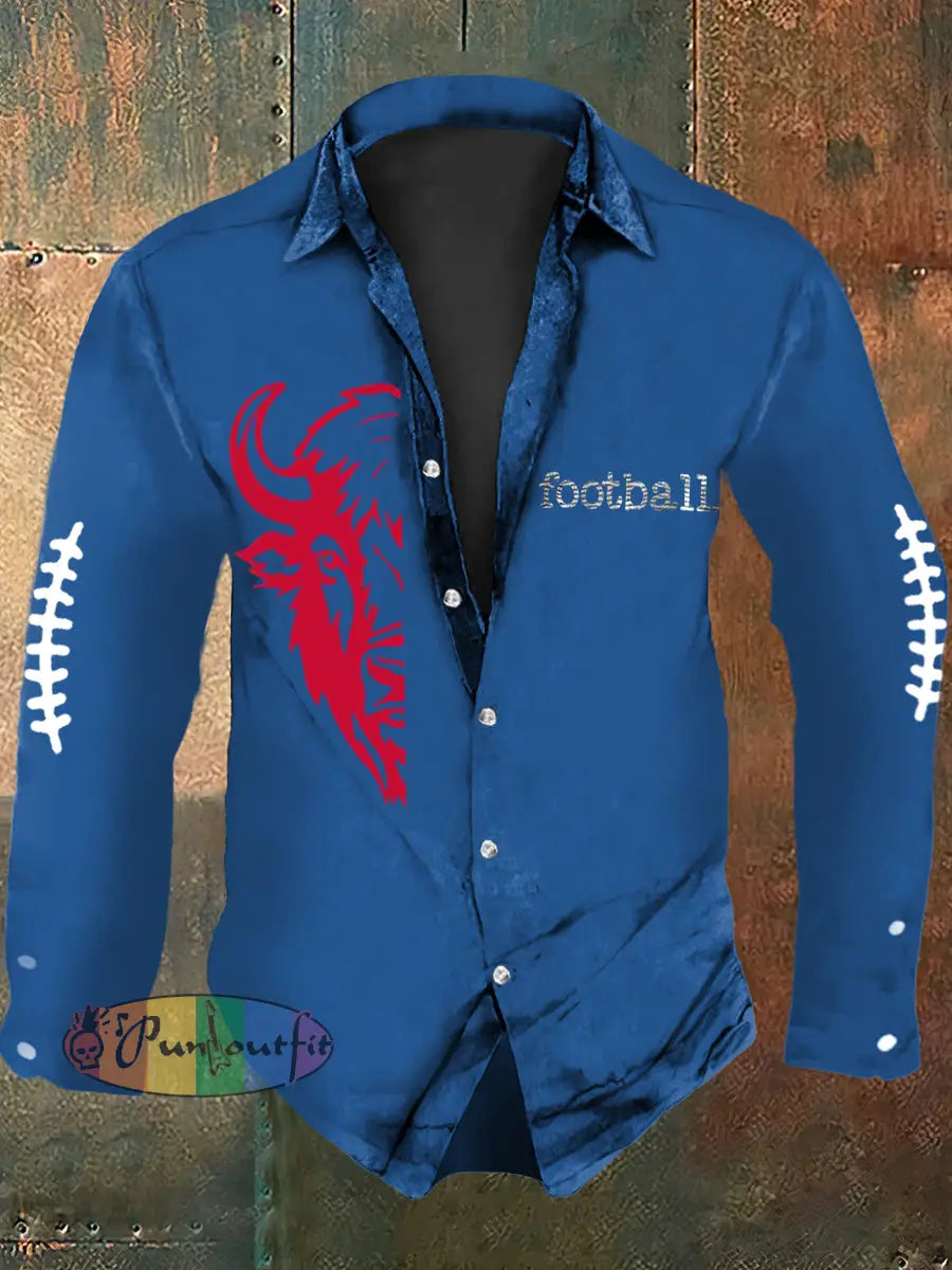 Men’s Football Lover Buffalo Print Casual Long Sleeve Shirt Blue / S