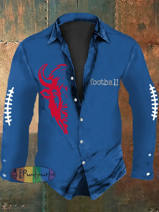 Men’s Football Lover Buffalo Print Casual Long Sleeve Shirt Blue / S