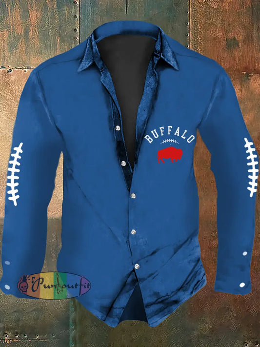 Men’s Football Lover Buffalo Print Casual Long Sleeve Shirt Blue / S