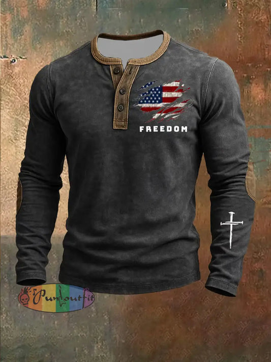 Men’s Freedom American Flag Print Casual Henley A / S