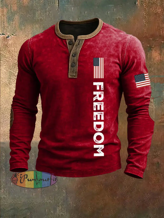 Men’s Freedom American Flag Print Casual Henley A / S