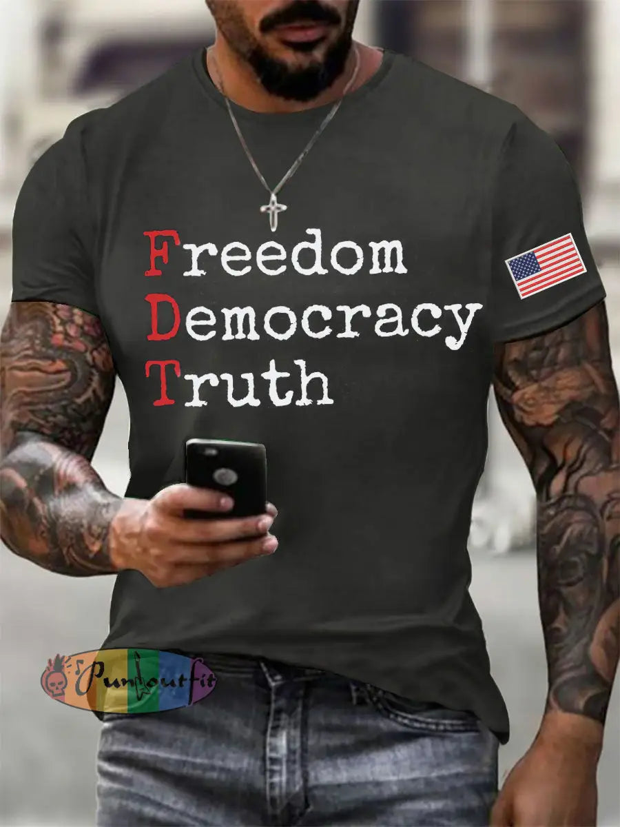 Men’s Freedom Democracy Truth Printed T-shirt Dark Gray / S