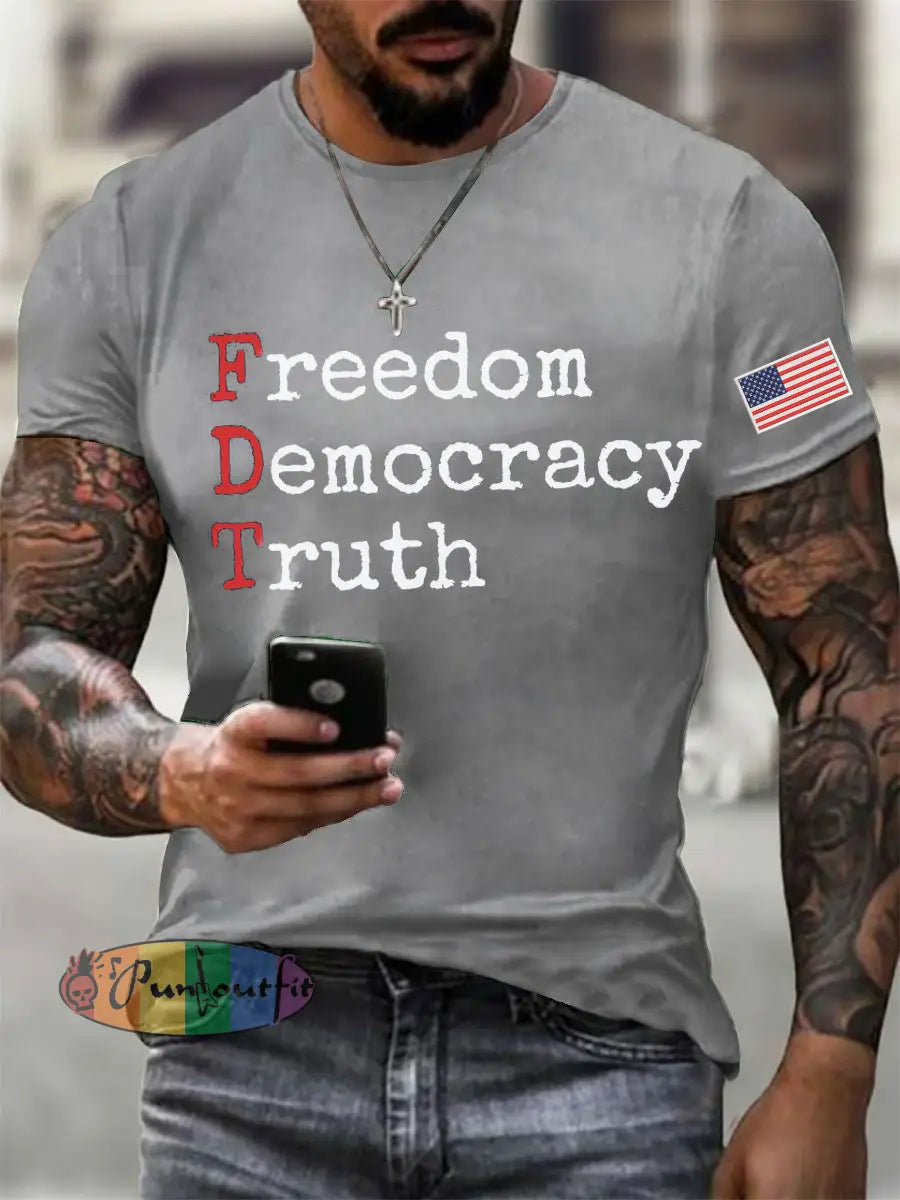 Men’s Freedom Democracy Truth Printed T-shirt Light Gray / S