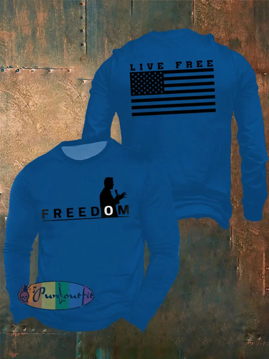 Men’s Freedom Live Free Print long sleeve round neck T-shirt Blue / S