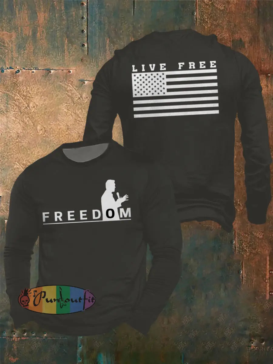 Men’s Freedom Live Free Print long sleeve round neck T-shirt Dark Gray / S