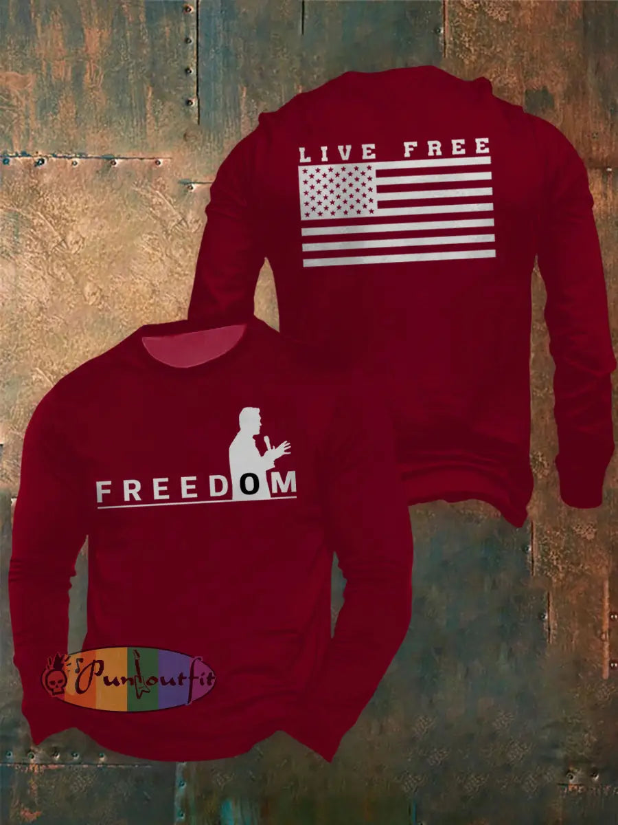 Men’s Freedom Live Free Print long sleeve round neck T-shirt Deep Red / S