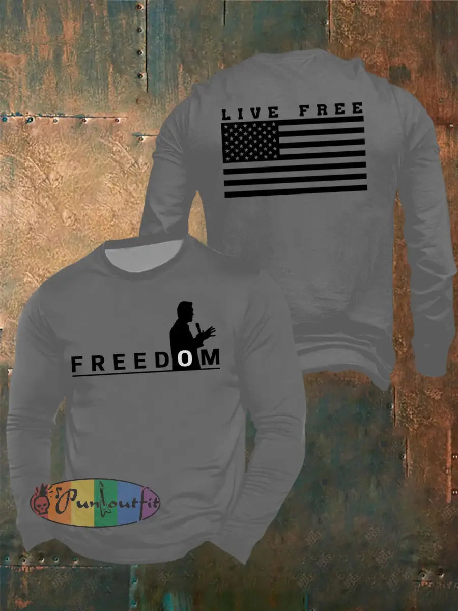 Men’s Freedom Live Free Print long sleeve round neck T-shirt Light Gray / S