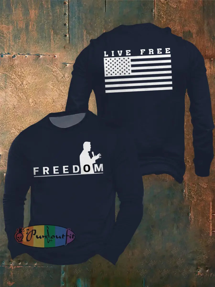 Men’s Freedom Live Free Print long sleeve round neck T-shirt Navy Blue / S