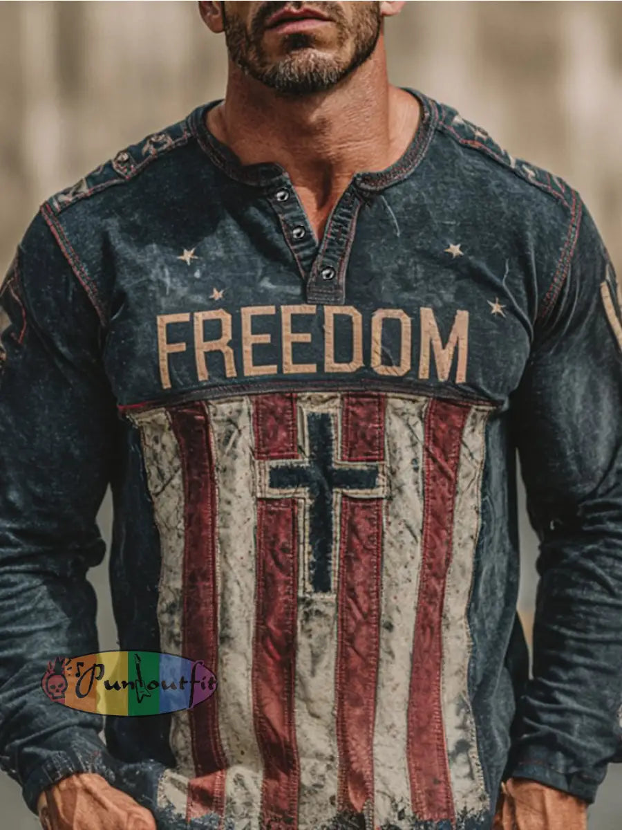 Men’s Freedom Print Casual Button T-Shirt As picture / S