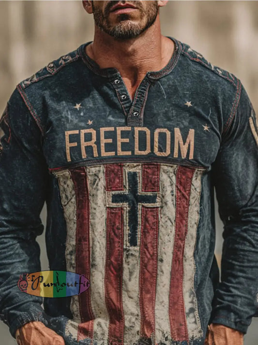 Men’s Freedom Print Casual Button T-Shirt As picture / S