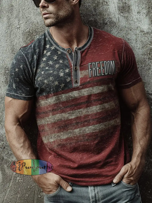 Men’s Freedom Print Casual Button T-Shirt As picture / S