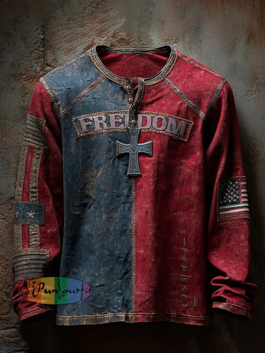 Men’s Freedom Print Casual Button T-Shirt As picture / S