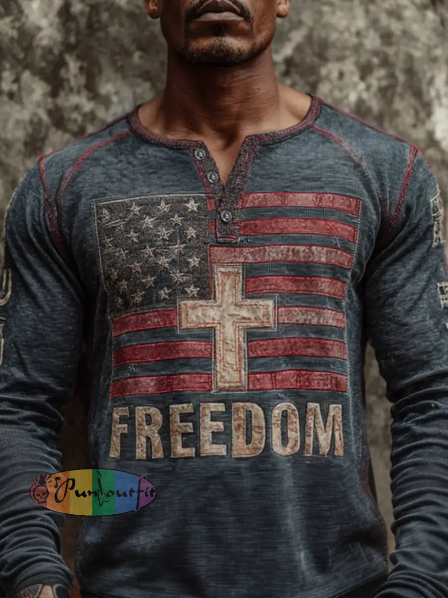 Men’s Freedom Print Casual Button T-Shirt As picture / S