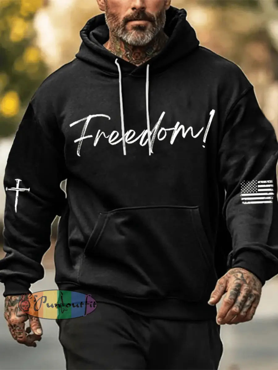 Men’s Freedom Printed Oversized Drop-Shoulder Hoodie with Pockets Black / S