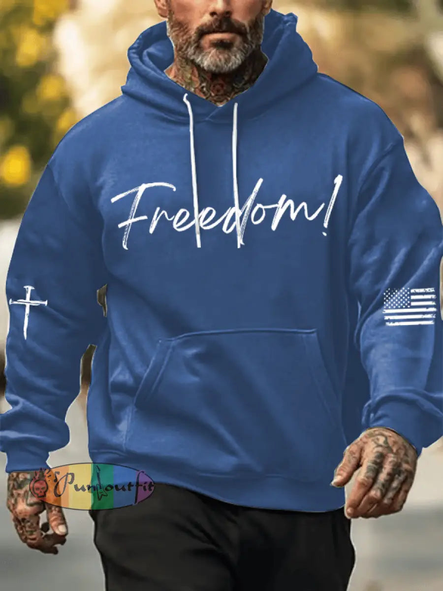 Men’s Freedom Printed Oversized Drop-Shoulder Hoodie with Pockets Blue / S