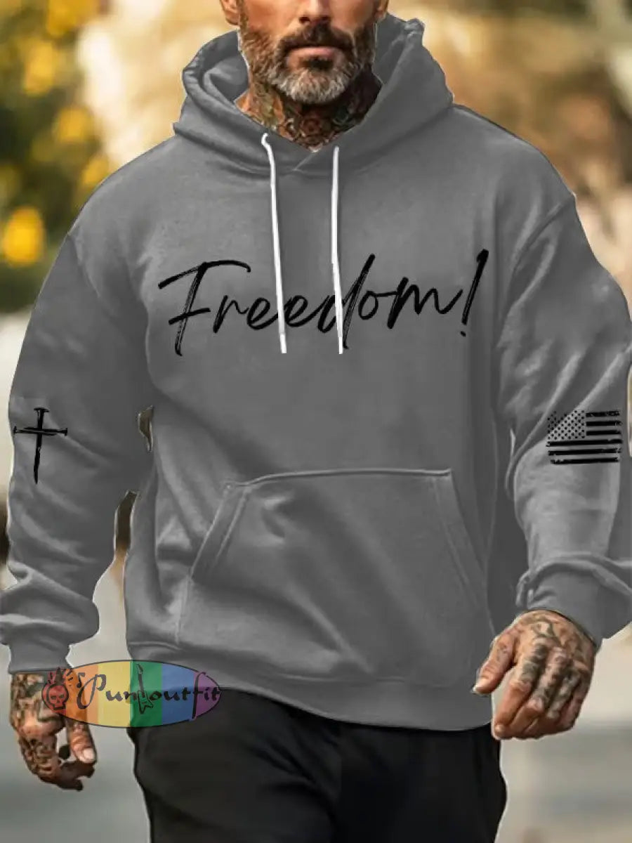 Men’s Freedom Printed Oversized Drop-Shoulder Hoodie with Pockets Gray / S