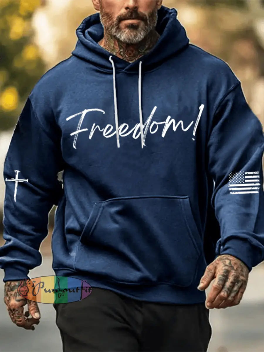 Men’s Freedom Printed Oversized Drop-Shoulder Hoodie with Pockets Navy Blue / S