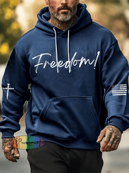 Men’s Freedom Printed Oversized Drop-Shoulder Hoodie with Pockets Navy Blue / S