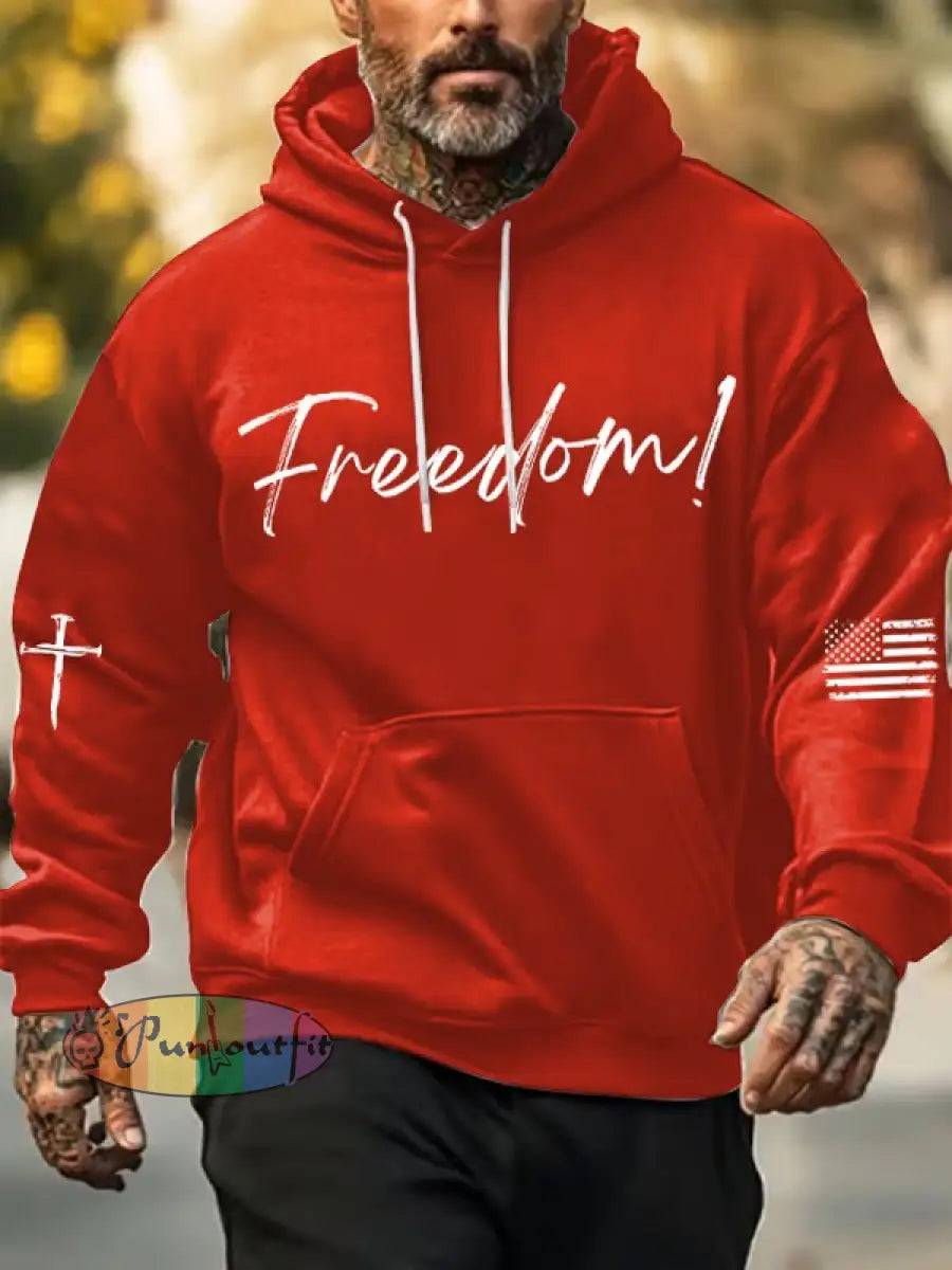 Men’s Freedom Printed Oversized Drop-Shoulder Hoodie with Pockets Red / S