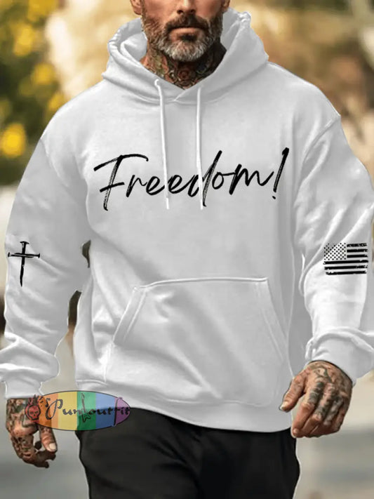 Men’s Freedom Printed Oversized Drop-Shoulder Hoodie with Pockets White / S