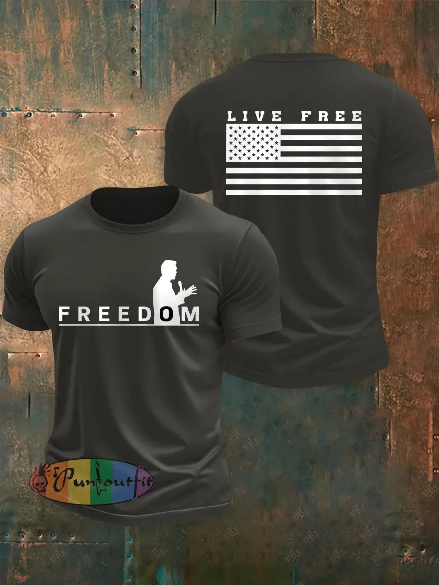 Men’s Freedom USA Flag Live Free Print T-shirt Dark Gray / S