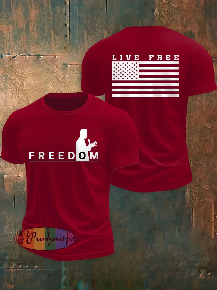 Men’s Freedom USA Flag Live Free Print T-shirt Deep Red / S