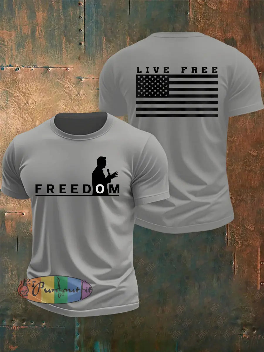 Men’s Freedom USA Flag Live Free Print T-shirt Light Gray / S