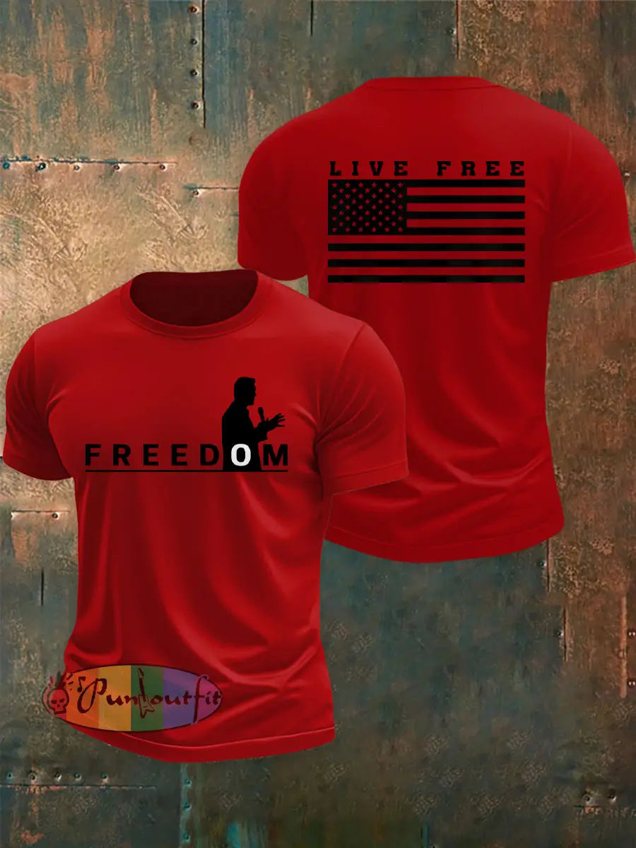 Men’s Freedom USA Flag Live Free Print T-shirt Pure Red / S