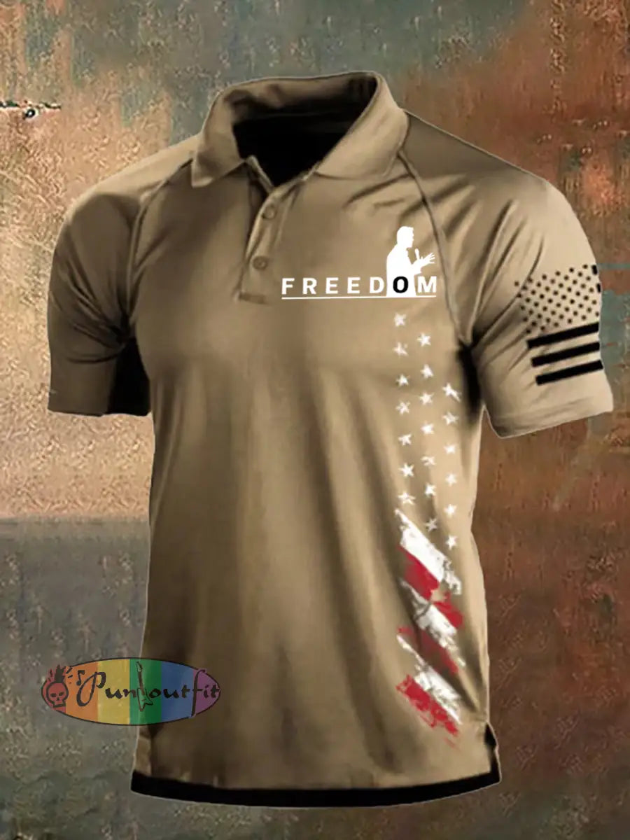 Men’s Freedom USA Flag Print Short Sleeves Top Brown / S