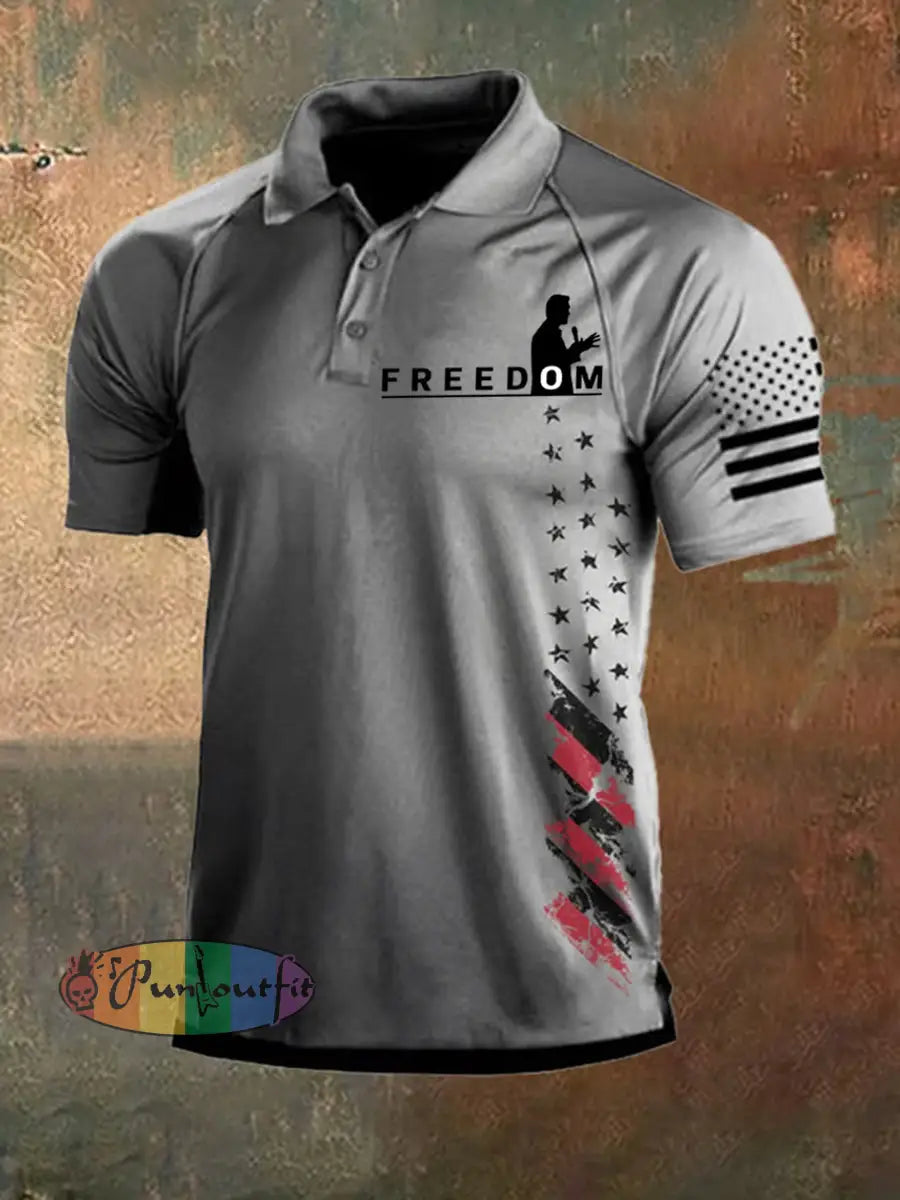 Men’s Freedom USA Flag Print Short Sleeves Top Gray / S