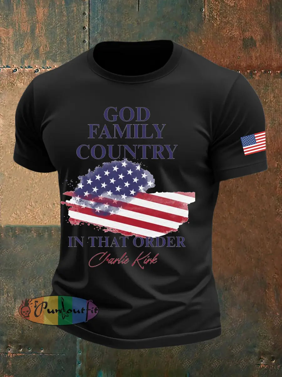 Men’s God Family Country Charlie Kirk Printed T-shirt Black / S
