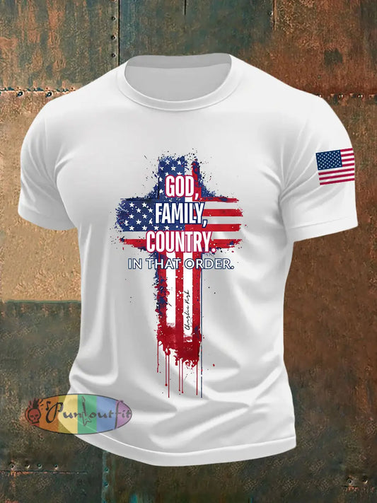 Men’s God Family Country In That Order Cross Short-sleeved T-shirt White / S
