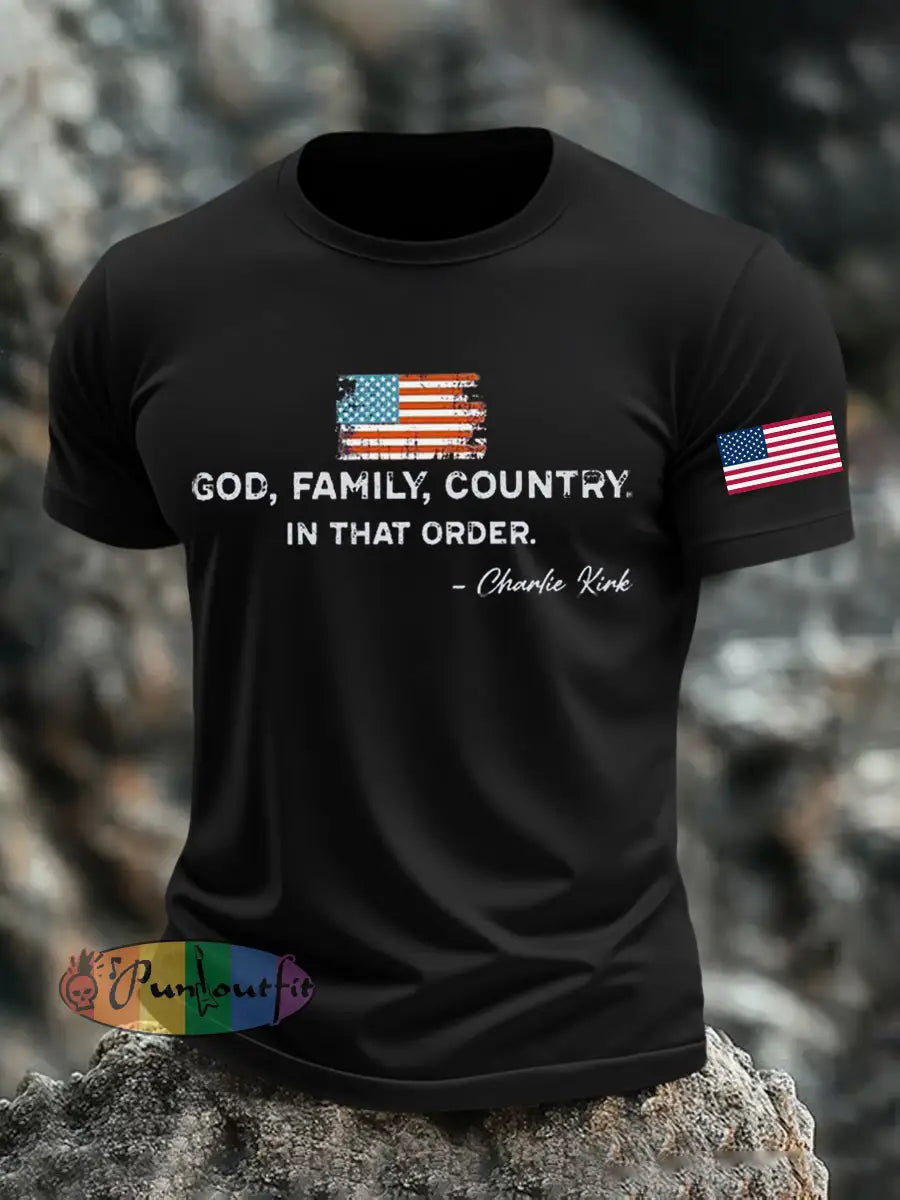 Men’s God Family Country In That Order Printed T-shirt Black / S