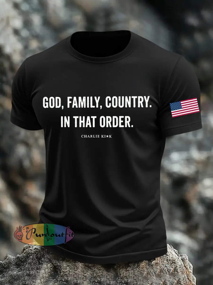 Men’s God Family Country In That Order Printed T-shirt Black / S