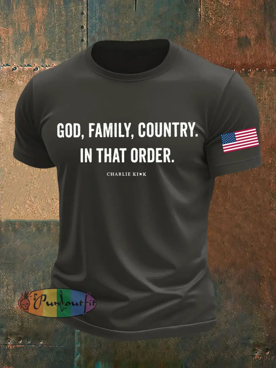 Men’s God Family Country In That Order Printed T-shirt Dark Gray / S