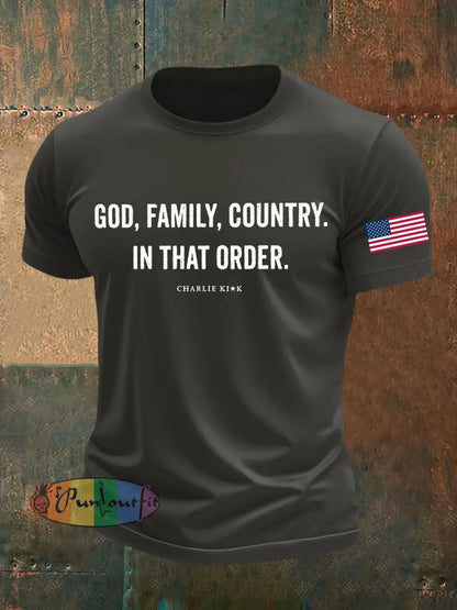 Men’s God Family Country In That Order Printed T-shirt Dark Gray / S