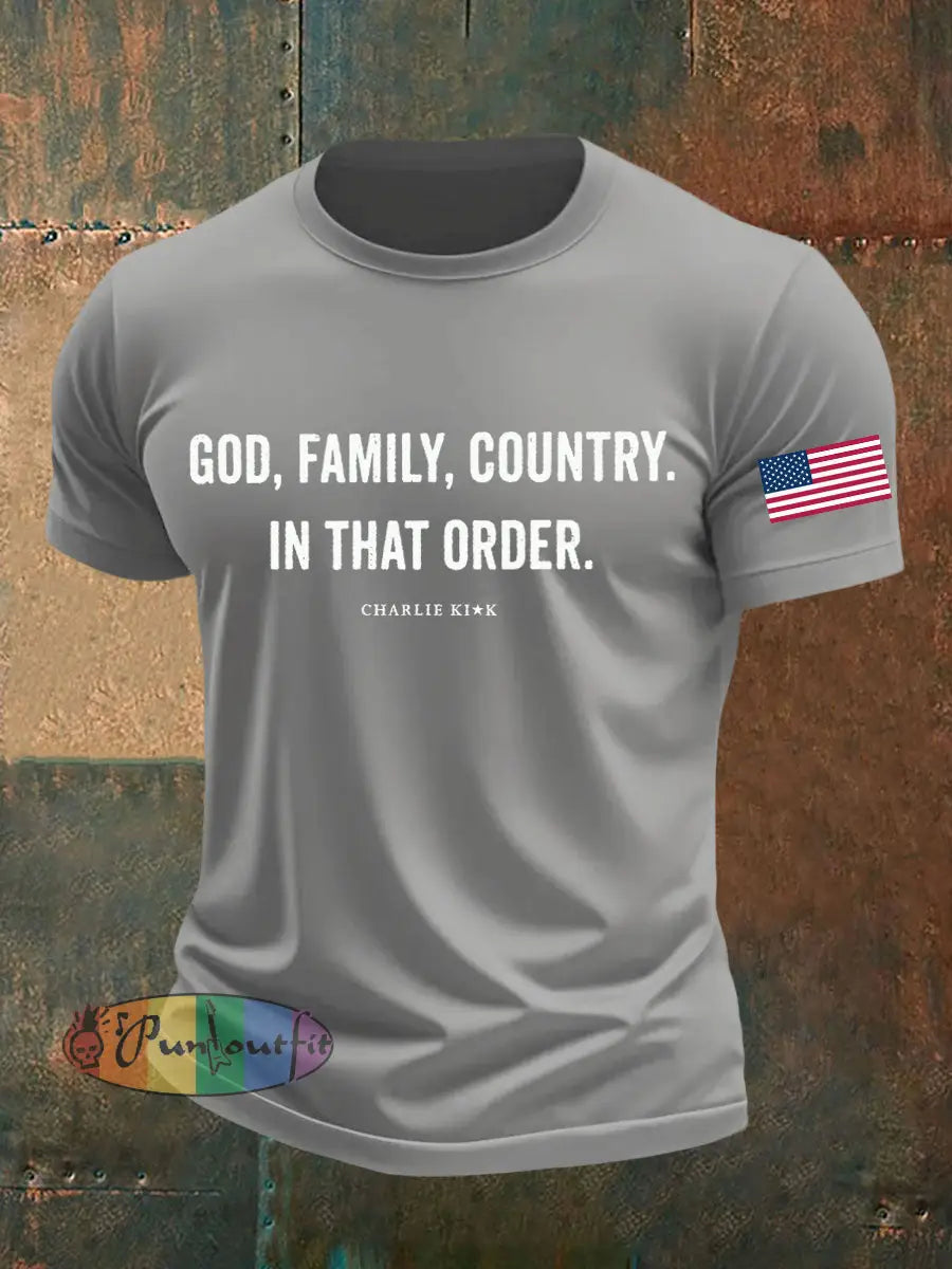 Men’s God Family Country In That Order Printed T-shirt Light Gray / S