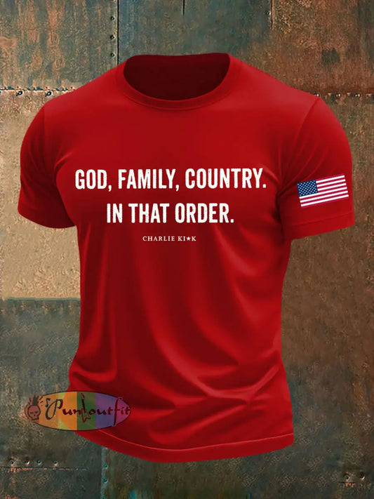 Men’s God Family Country In That Order Printed T-shirt Pure Red / S