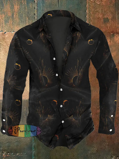 Men’s Gold Circle Art Printing Long Sleeve Shirt Black-Gold / S