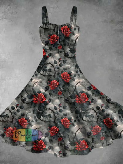 Men’s Gothic Dark Style Rose Flower Print Midi Dress Gray / S